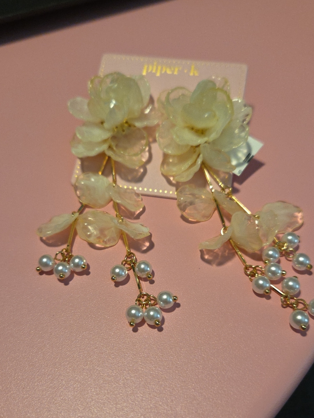Piper K  Gold-Tone Ivory Floral Resin Drop Earrings with Pearl Accents - Picture 5 of 11